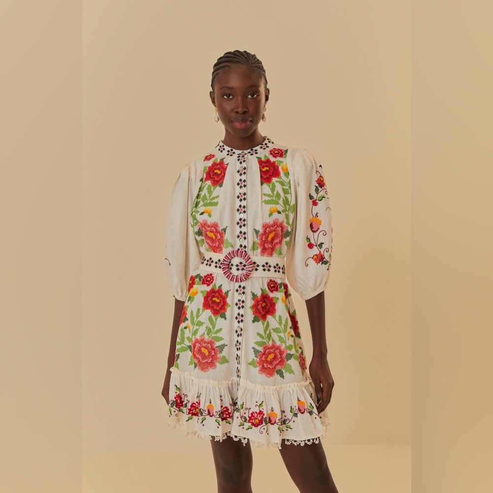 NWT Farm Rio Off-White Embroidered Carmina Floral Short Sleeve Mini Dress